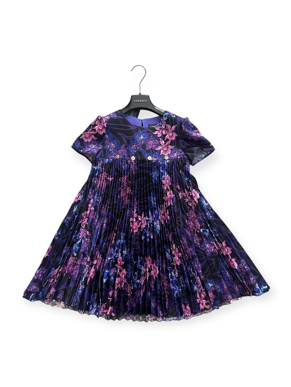 Versace Orchid Barocco Kids Pleated Dress, NWT, Girls Size 12 Retail $795